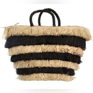 KAYU PIÑATA  FRINGE STRAW TOTE BLACK AND TAN LEATHER‎ HANDLE​​​​​